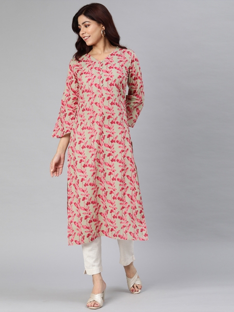 

AHIKA Women Beige & Pink Printed Straight Kurta With Flared Sleeves