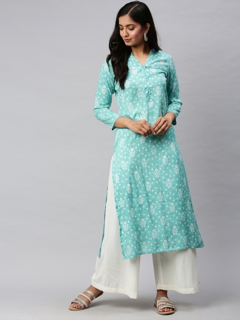 

AHIKA Women Turquoise Blue & White Floral Printed Straight Kurta