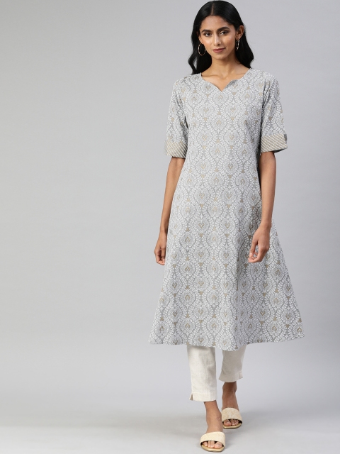 

AHIKA Women Grey & White Printed A-Line Kurta