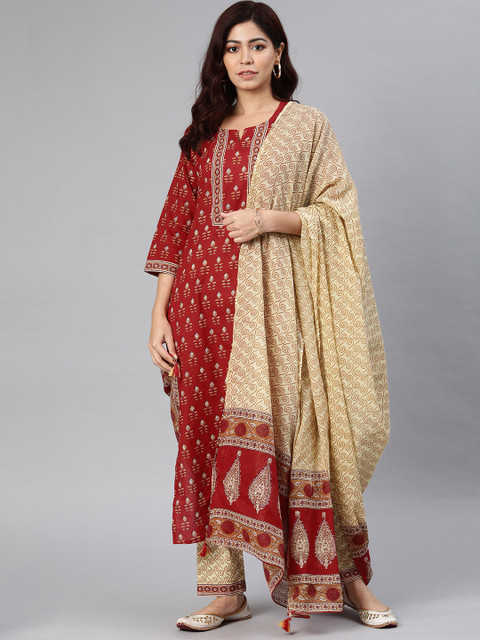

AHIKA Women Red & Beige Printed Kurta with Trousers & Dupatta