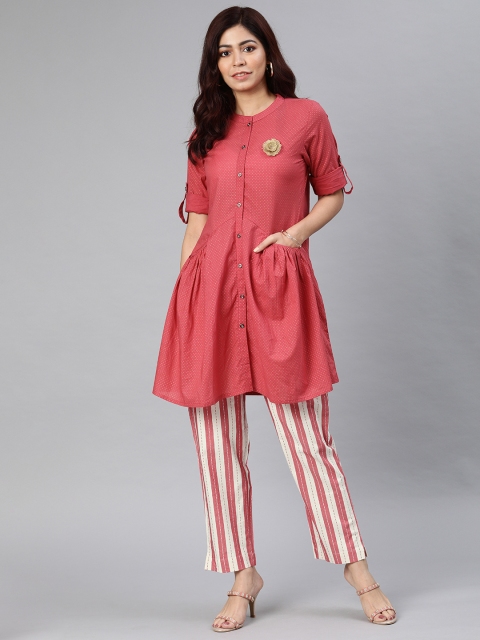 

AHIKA Women Pink & White Printed Fusion Kurta with Trousers