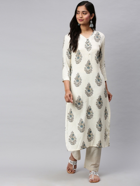 

AHIKA Women Off-White & Navy Blue Printed Straight Kurta