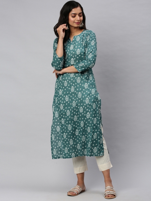 

AHIKA Women Teal Green & Off-White Printed Straight Kurta