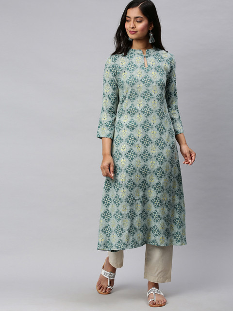 

AHIKA Women Teal Green & Grey Printed Straight Kurta