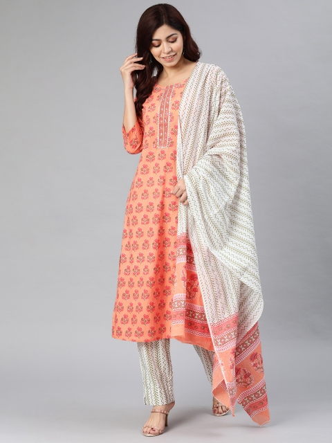 

AHIKA Women Peach-Coloured & White Printed Kurta with Trousers & Dupatta