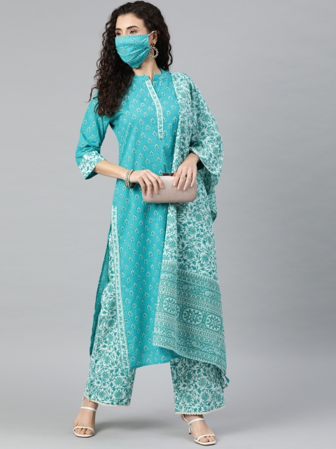

AHIKA Women Turquoise Blue White Printed Kurta Set