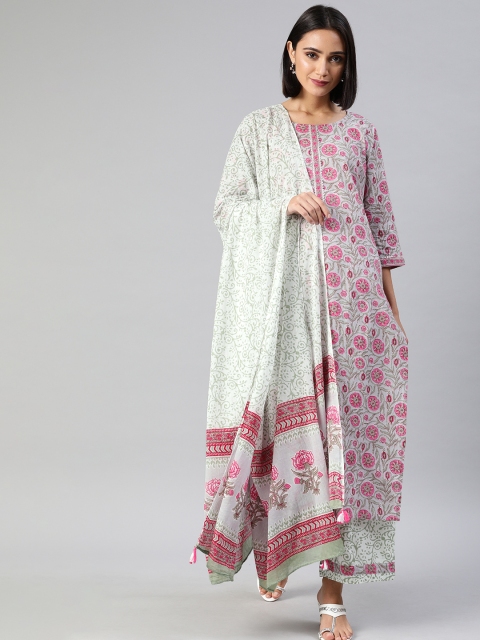 

AHIKA Women Off-White & Pink Printed Kurta with Pyjamas & Dupatta