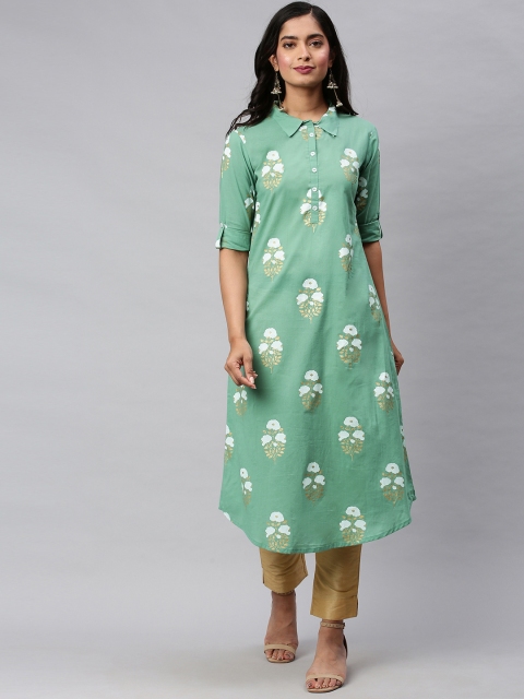 

AHIKA Women Green & White Printed Straight Kurta