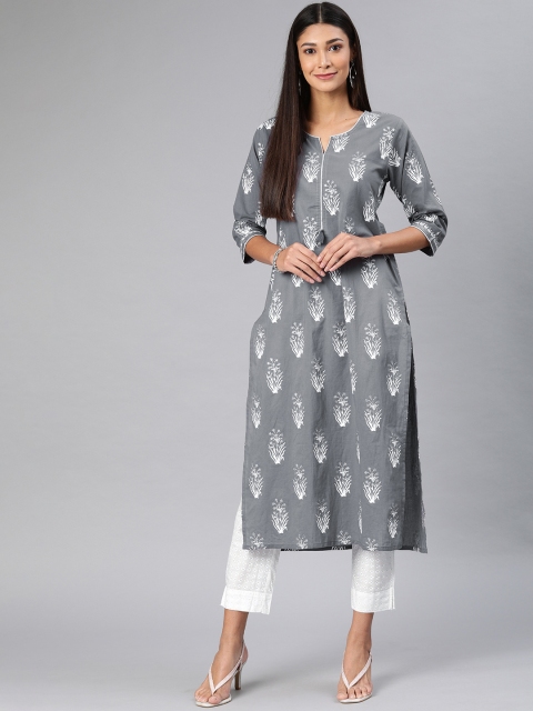 

AHIKA Women Grey & White Printed Kurta with Trousers