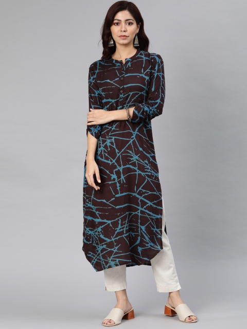 

AHIKA Women Coffee Brown & Blue Printed Straight Kurta