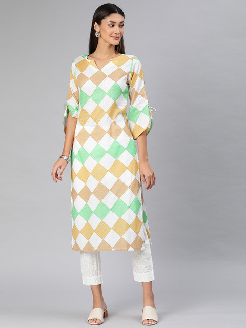 

AHIKA Women White & Green Printed Straight Kurta