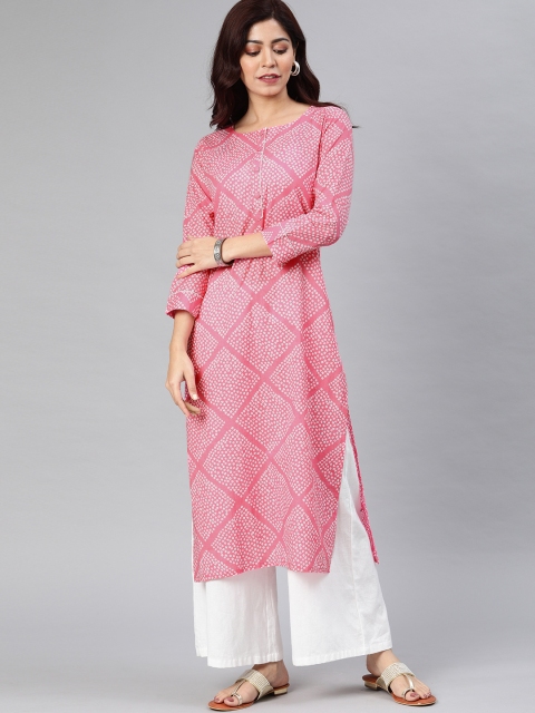 

AHIKA Women Pink & White Geometric Printed Straight Kurta