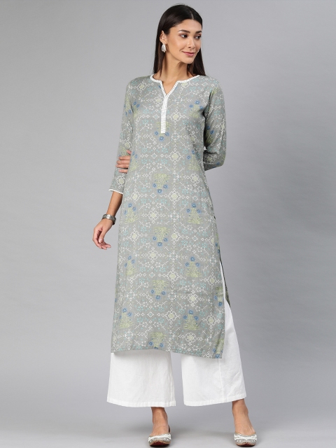 

AHIKA Women Grey & White Printed Straight Kurta