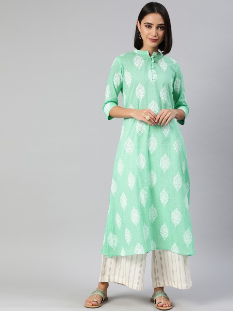 

AHIKA Women Green & White Printed A-Line Kurta