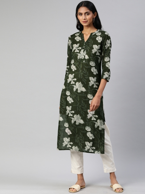 

AHIKA Women Green & White Floral Printed Straight Kurta