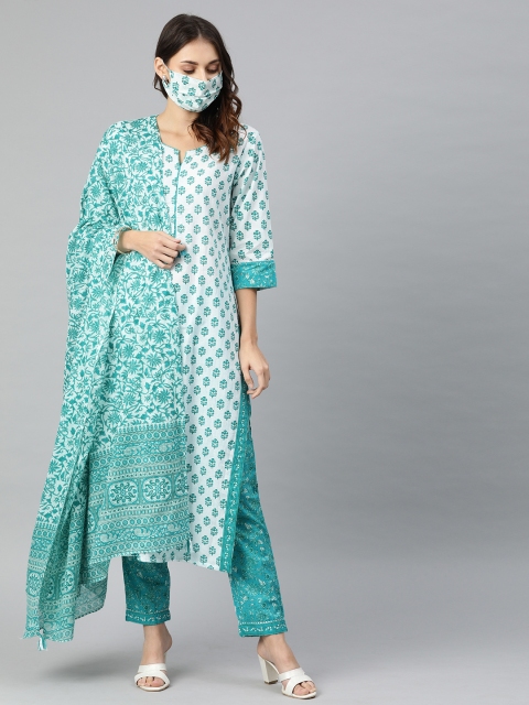 

AHIKA Women White Turquoise Blue Printed Kurta Set