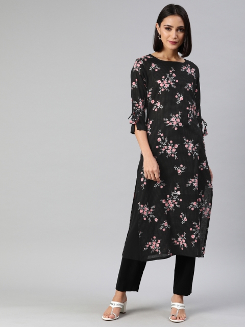 

AHIKA Women Black & Pink Printed A-Line Kurta