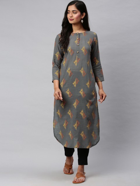 

AHIKA Women Charcoal Grey & Mustard Yellow Printed Straight Kurta