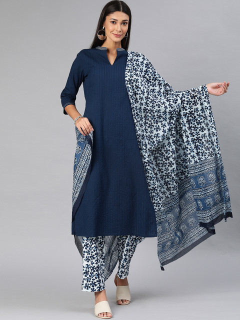 

AHIKA Women Navy Blue & White Solid Pintucked Kurta with Trousers & Dupatta