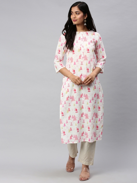 

AHIKA Women Off-White & Pink Printed Straight Kurta