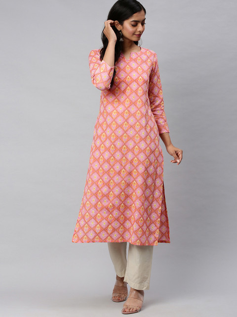 

AHIKA Women Pink & White Printed Straight Kurta