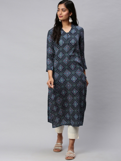 

AHIKA Women Black & Blue Printed Straight Kurta