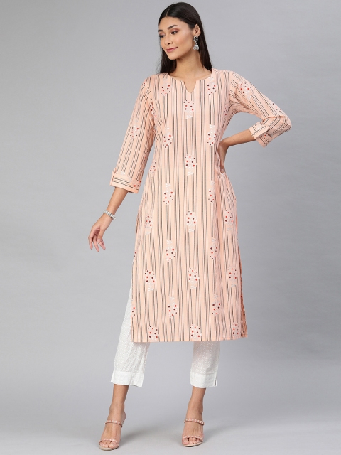 

AHIKA Women Peach-Coloured & Black Striped Straight Kurta