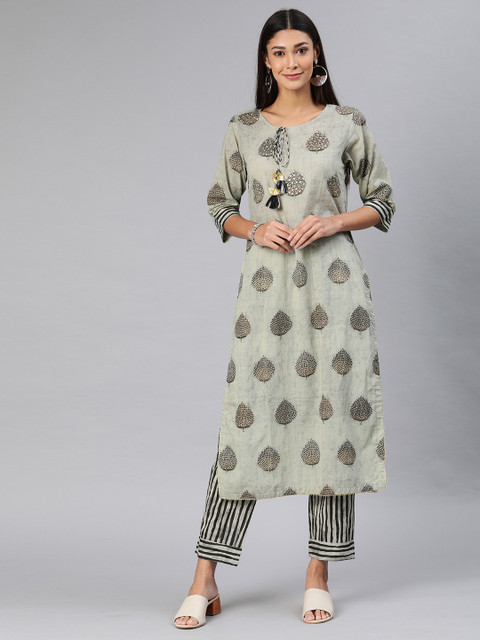 

AHIKA Women Grey & Black Printed Kurta with Trousers