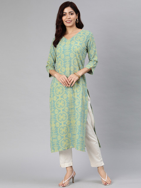 

AHIKA Women Green & Yellow Printed Straight Kurta