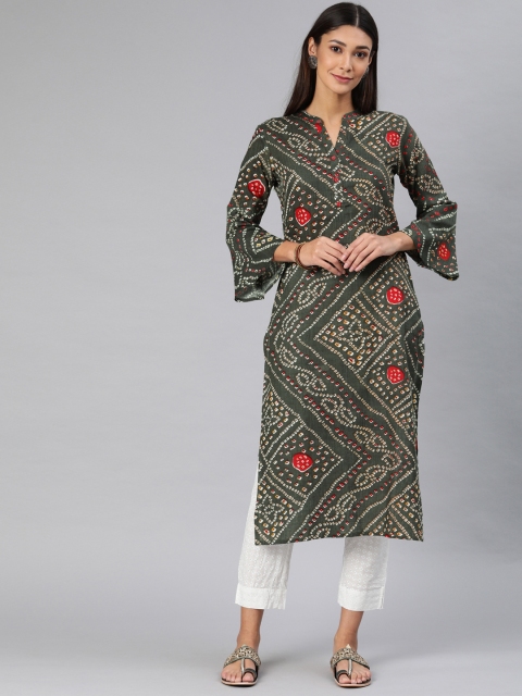 

AHIKA Women Charcoal Grey & Red Bandhani Printed Straight Kurta