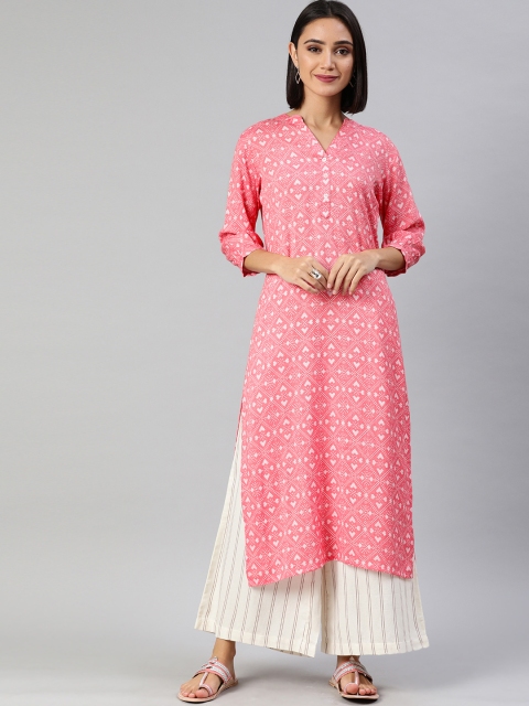 

AHIKA Women Pink & White Printed Straight Kurta