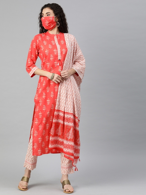 

AHIKA Women Coral Orange Off-White Printed Kurta Set