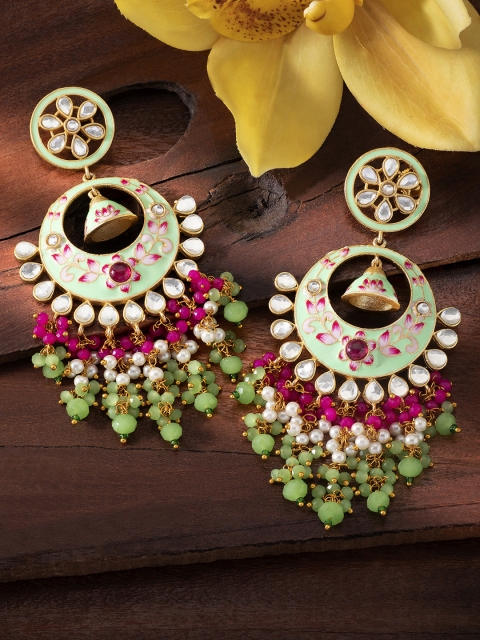 

Peora Green Gold-Plated Enamelled Meenakari Handcrafted Kundan Classic Drop Earrings