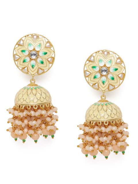 

Peora Cream-Coloured Gold-Plated Handcrafted Enamelled Meenakari Dome Shaped Jhumkas