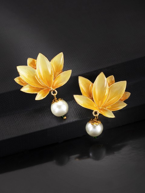 

Peora Yellow & White Gold-plated Handcrafted Enamelled Floral Drop Earrings
