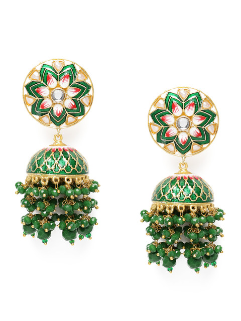 

Peora White & Green Gold-Plated Handcrafted Enamelled Meenakari Dome Shaped Jhumkas