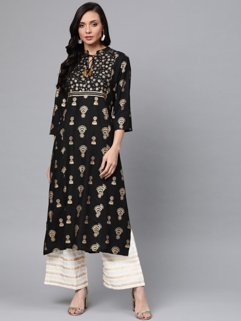 

Anubhutee Women Black & Off-White Ethnic Foil Print Kurta with Palazzos