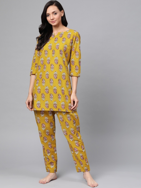 

Anubhutee Women Mustard Yellow & White Cotton Paisley Print Night suit