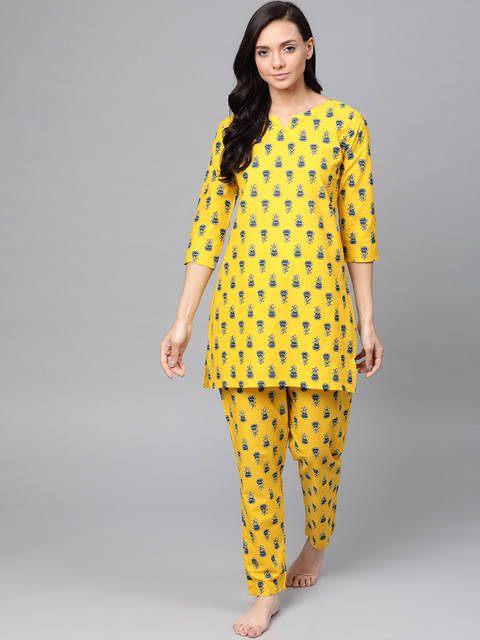 

Anubhutee Women Mustard Yellow & Navy Blue Pure Cotton Printed Nightsuit