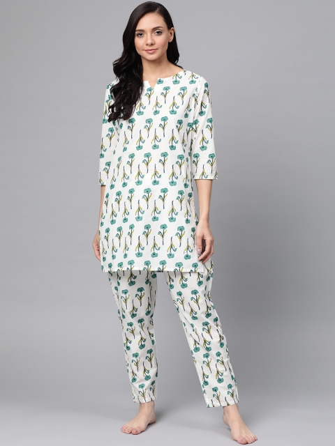 

Anubhutee Women White & Green Floral Print Cotton Night suit