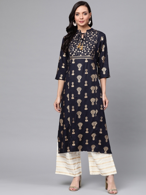 

Anubhutee Women Navy Blue & Off-White Ethnic Kurta with Palazzos