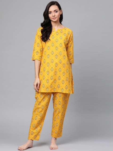 

Anubhutee Women Mustard Yellow & Brown Cotton Printed Night suit