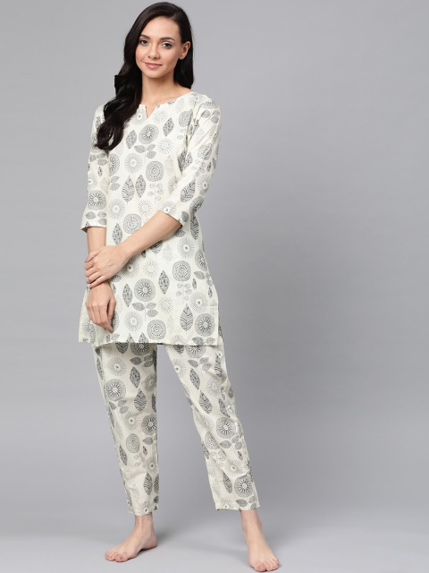 

Anubhutee Women Off-White & Charcoal Grey Pure Cotton Printed Night suit