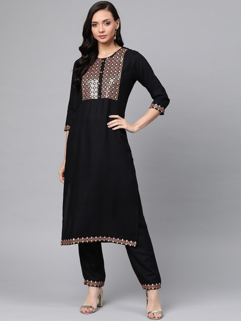 

Anubhutee Women Black Embroidered Kurta with Trousers