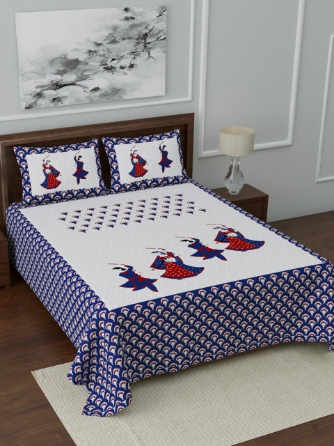 

LIVING ROOTS Blue & White Ethnic Motifs 144 TC Cotton 1 King Bedsheet with 2 Pillow Covers