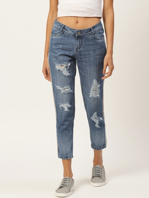 

Xpose Women Blue Washed High Rise Highly Distressed Cropped Jeans with Side Taping Detail