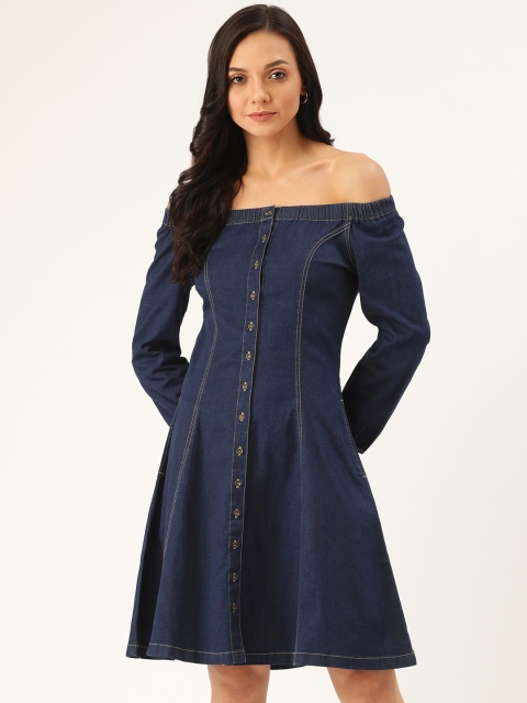 

Xpose Women Navy Blue Solid Off-Shoulder A-Line Dress