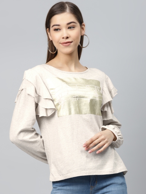 

SCOUP Women Beige & Golden Quirky Print Layered Detail Top