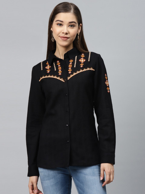 

SCOUP Women Black Cotton Regular Fit Self-Striped Casual Shirt