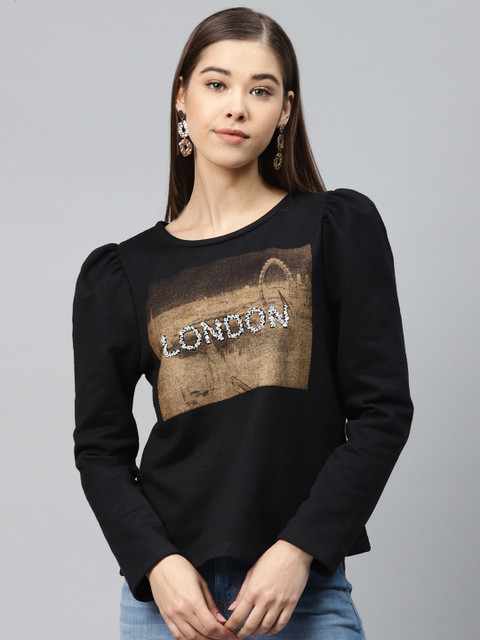 

SCOUP Women Black & Golden Printed Puff Sleeves Sweatshirt